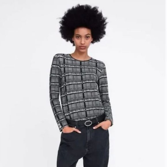 Zara Plaid Textured Long Sleeves Top, NWOT, S - Picture 1 of 15